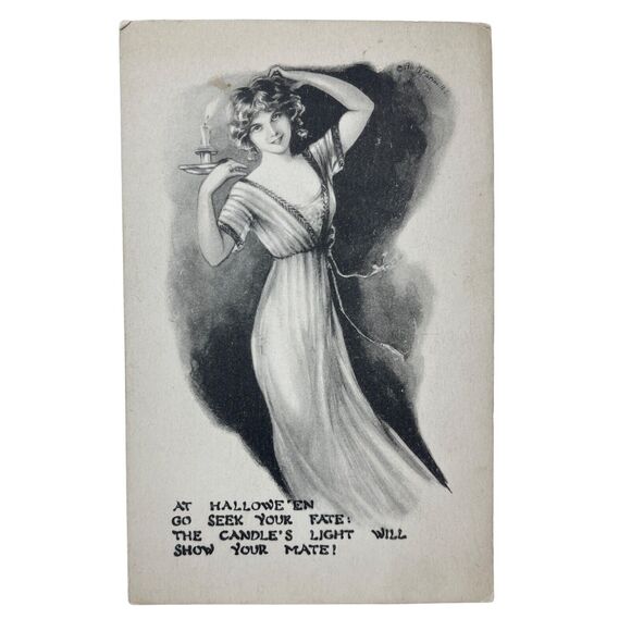 Halloween Postcard At Halloween Go Seek Your Fate 1911 May L Farini Candle Woman - Picture 1 of 12